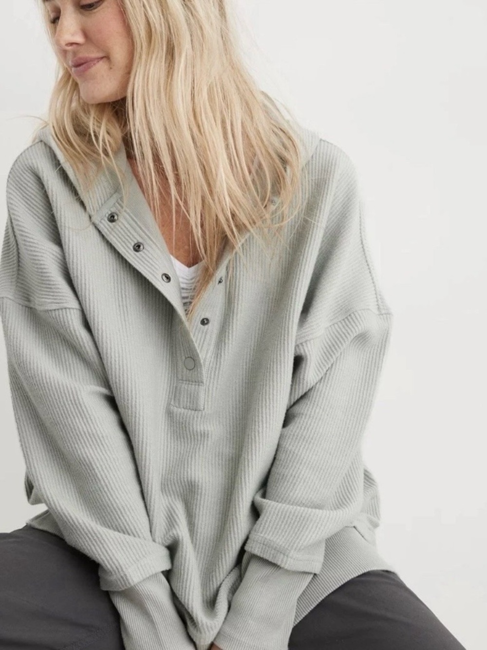 Aerie Womens Lightweight Ribbed Pullover Hoodie Light Gray Small Oversized Comfy